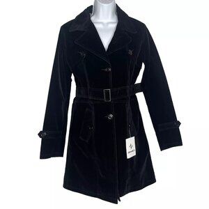 James & Co Debra Vegan Black Velvet Belted Overcoat Trench Coat